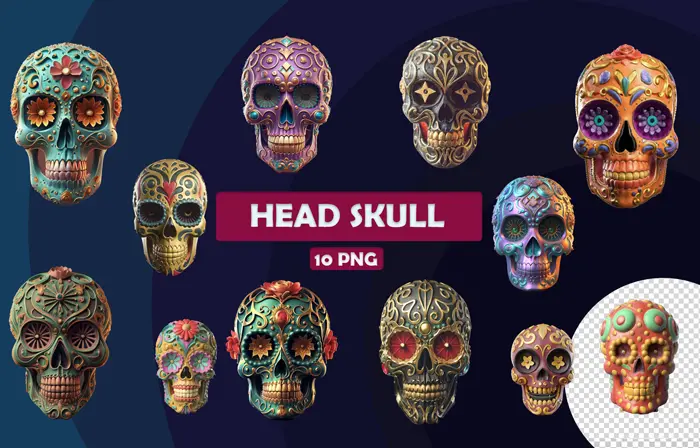 Colorful funky skull head graphics 3D elements pack